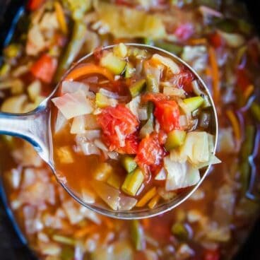 overhead image of cabbage soup in slow cooker