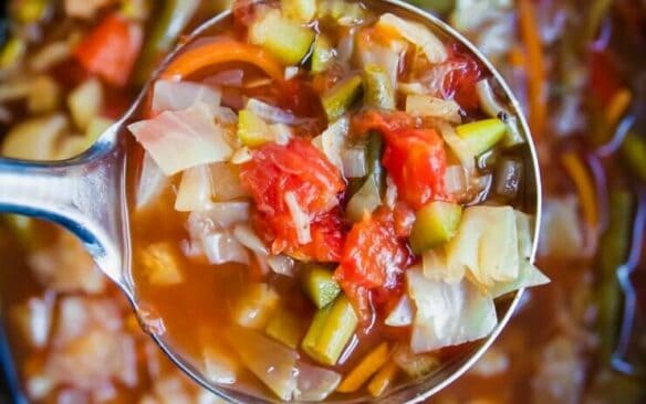 overhead image of cabbage soup in slow cooker