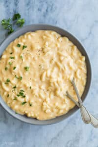 crock pot mac and cheese in grey bowl