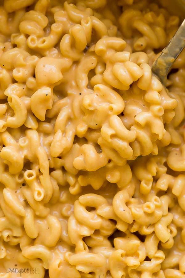 mac and cheese close up with metal spoon stuck in