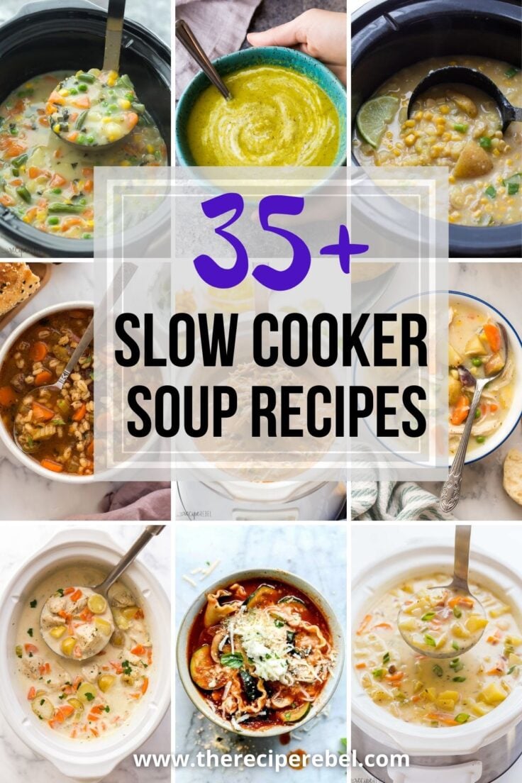 collage image of slow cooker soup recipes with title