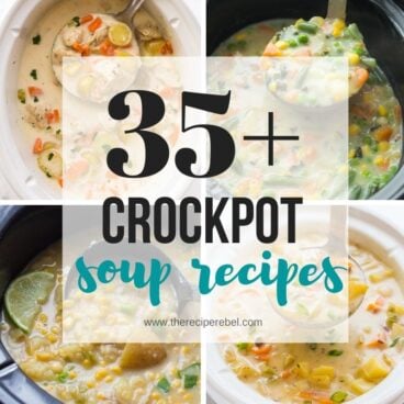 square image with four crockpot soup recipes and title