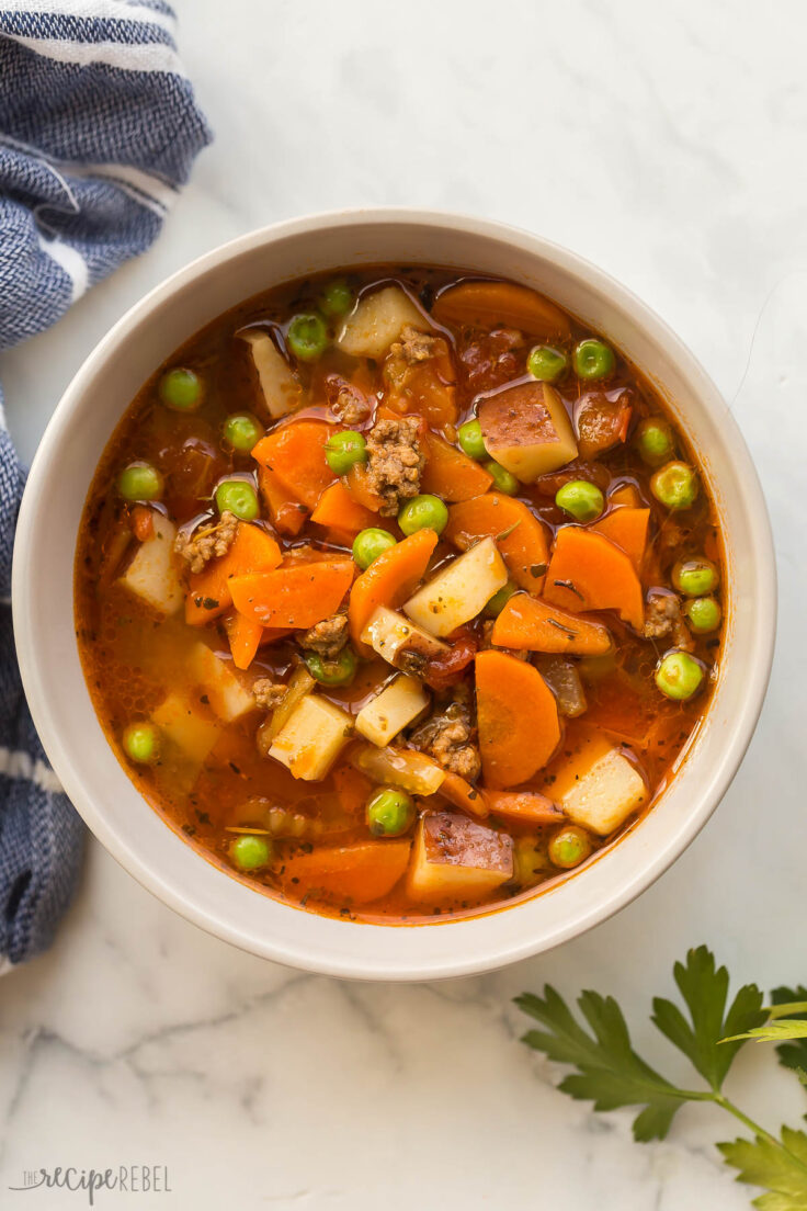 overhead image of a bowl of hamburger soup