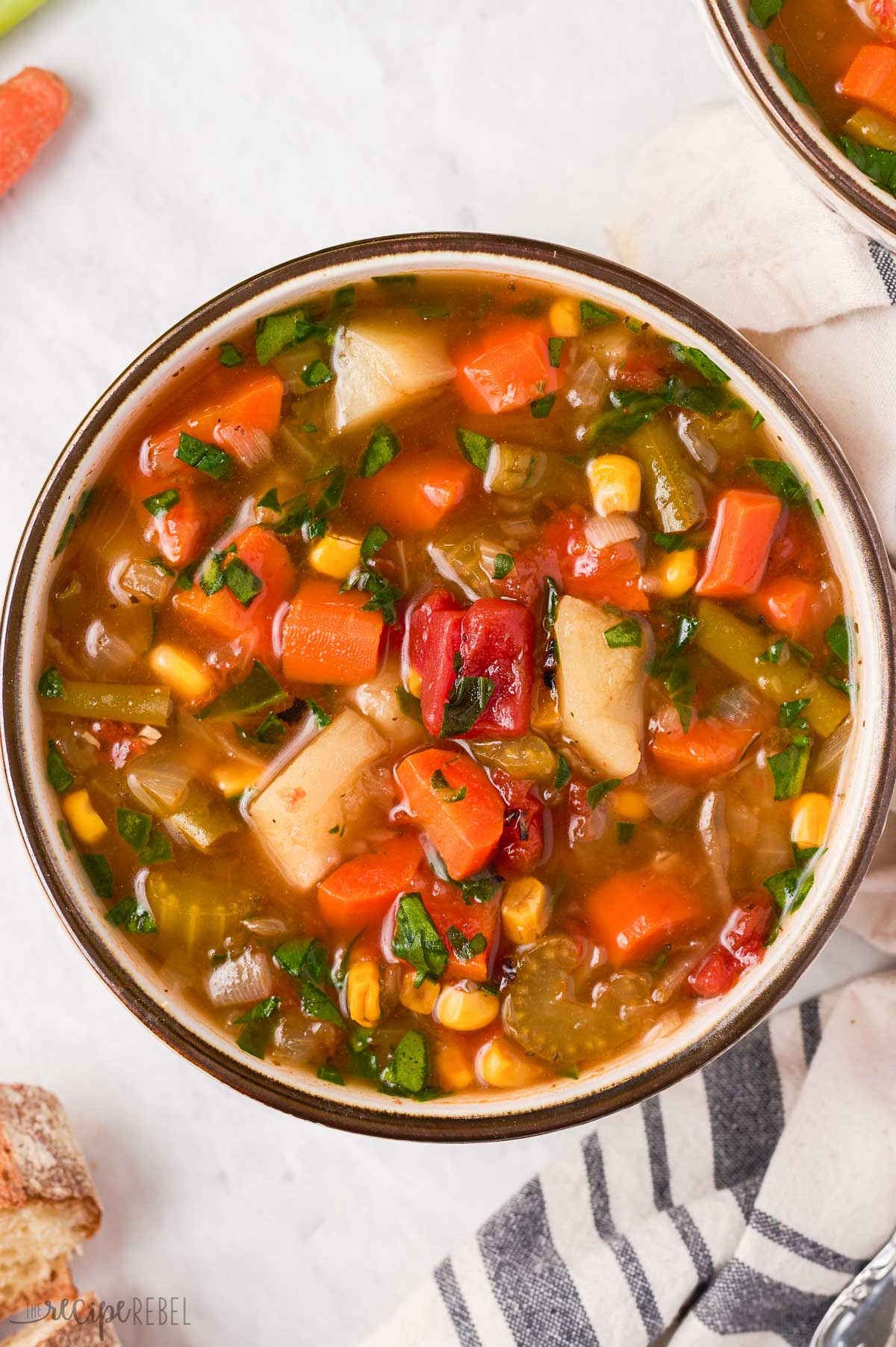 close up image of instant pot vegetable soup in a bowl