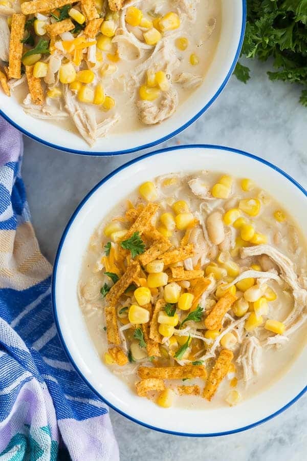 instant pot chicken chili overhead in white bowls