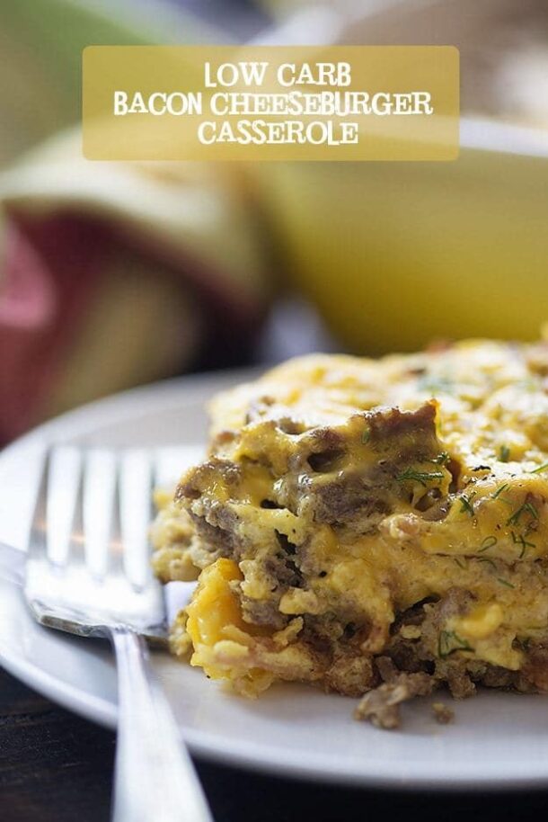 bacon cheeseburger casserole on grey plate close up with title