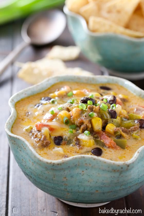 slow cooker nacho soup in blue speckled bowl close up