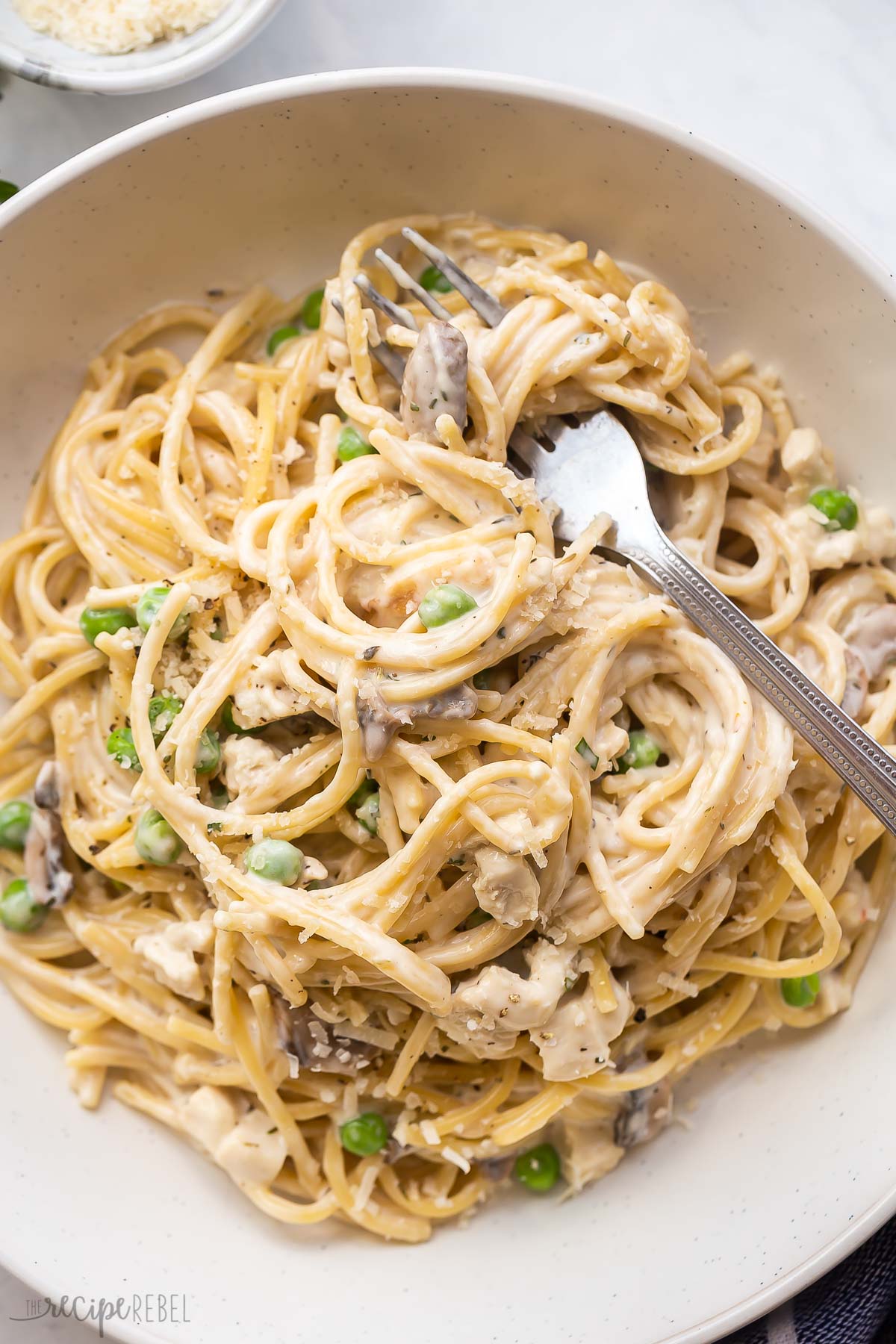 fork twirled into plate of turkey tetrazzini with parmesan cheese.