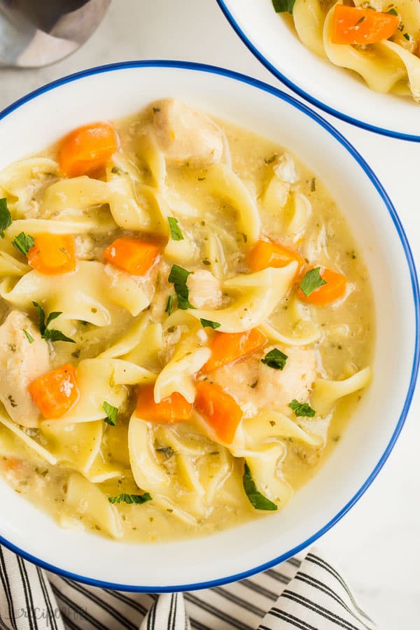 slow cooker chicken noodle soup close up in white bowl with blue rim