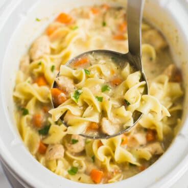 slow cooker creamy chicken noodle soup scoop