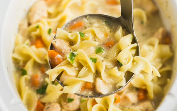 slow cooker creamy chicken noodle soup scoop