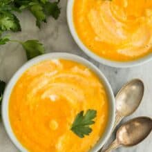 carrot ginger soup overhead close up