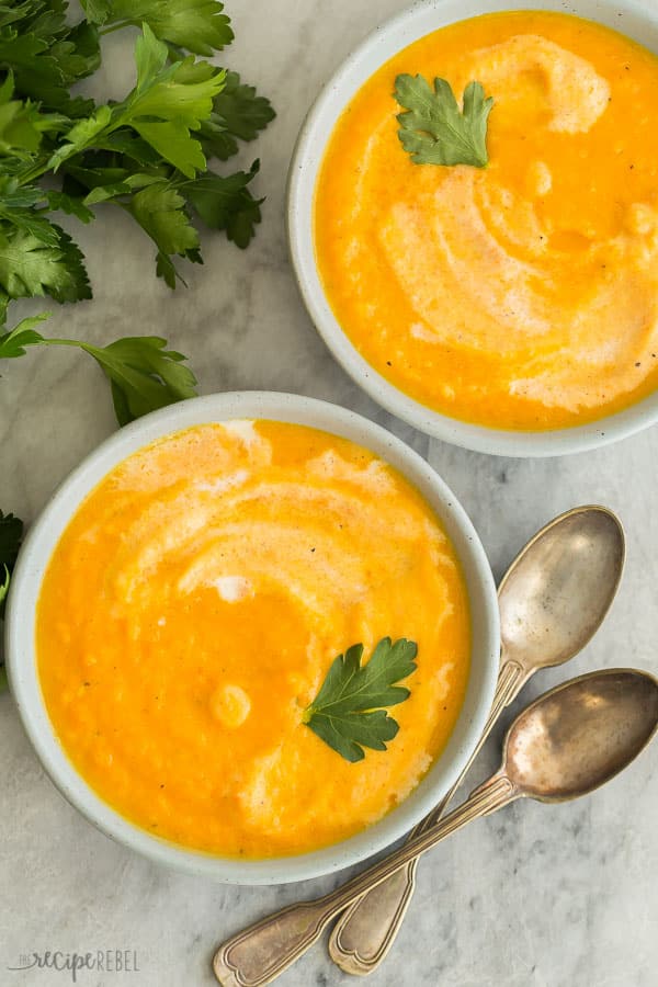 carrot ginger soup overhead close up