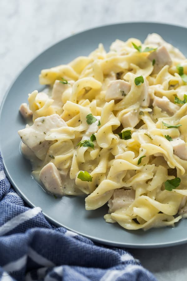 crockpot chicken and noodles close up on grey towel on grey marble background