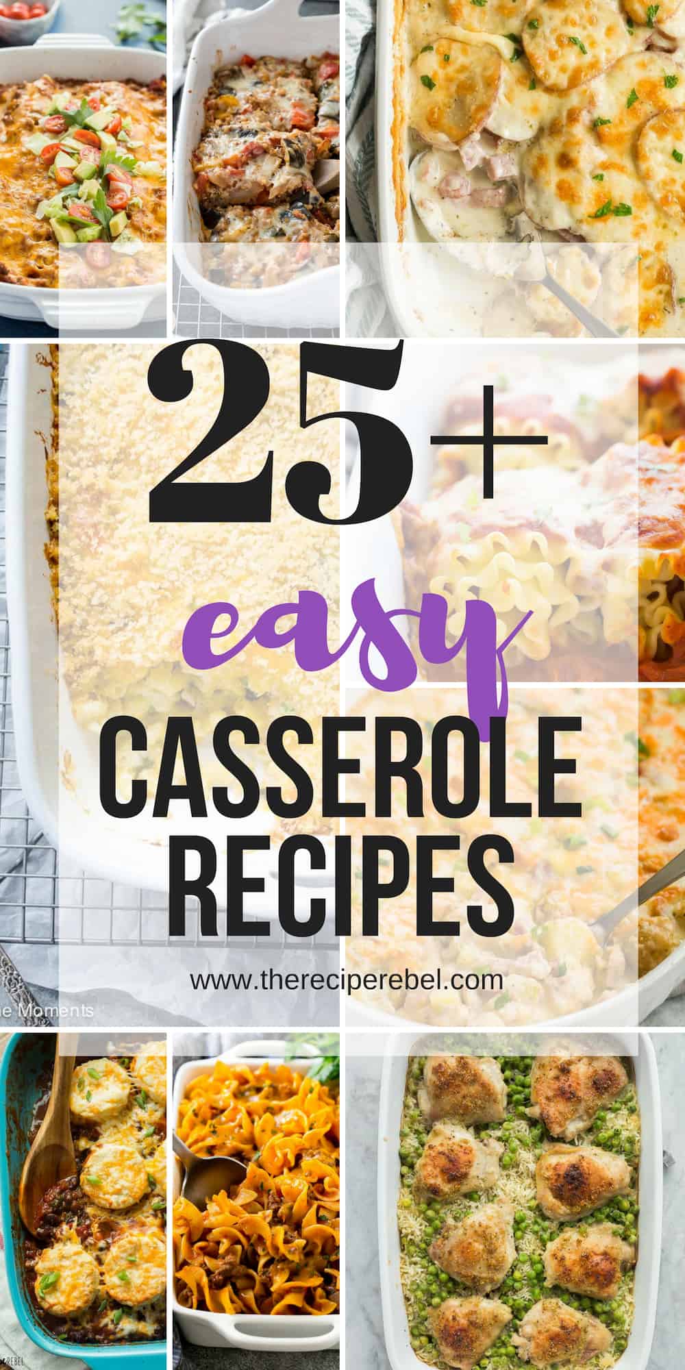 These Easy Casserole Recipes are hearty, comforting, and perfect for prepping ahead! Some are freezer friendly, and all are family friendly! #casserole #dinner #recipe #easyrecipe #makeahead easy casserole recipes collage with multiple images and title with black and purple text