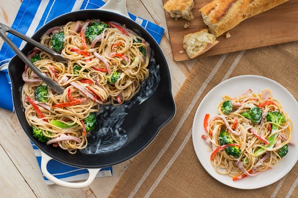 catelli creamy spaghetti overhead in cast iron skillet