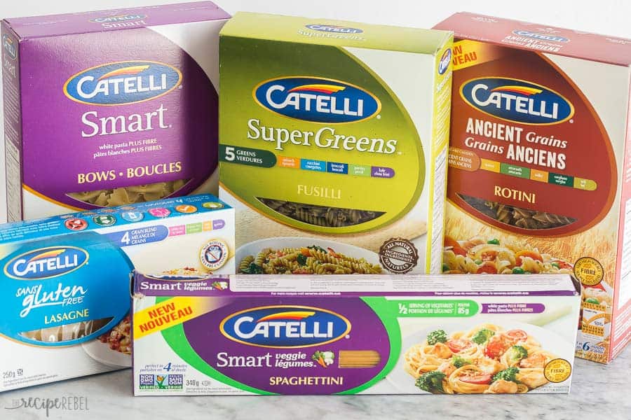 catelli pasta boxes in a variety of colors and types