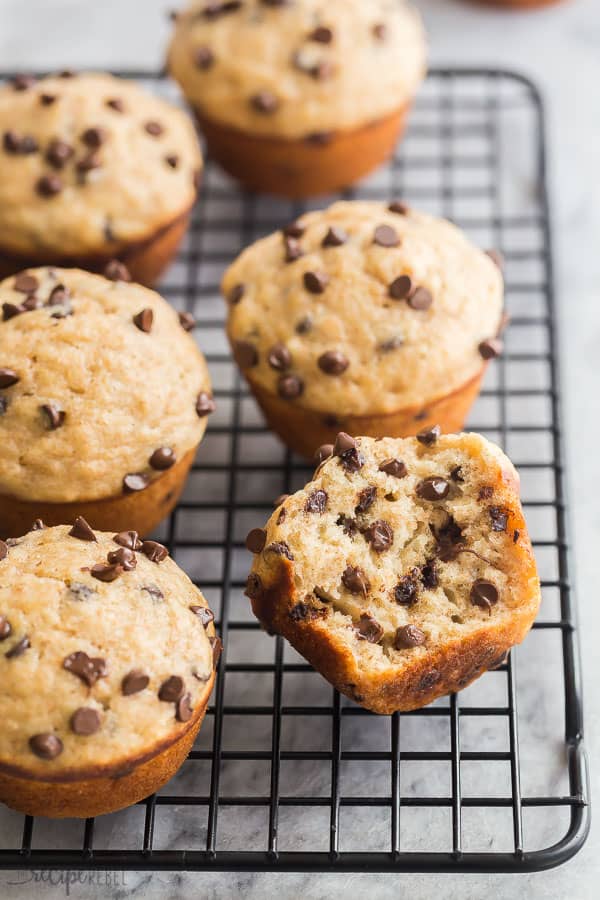 banana chocolate chip muffins on wire rack