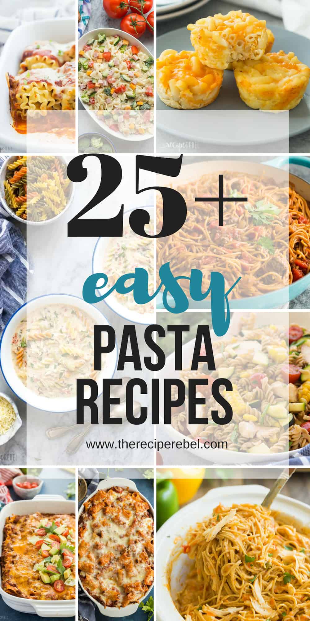 easy pasta recipes collage with multiple images and title in black and blue text