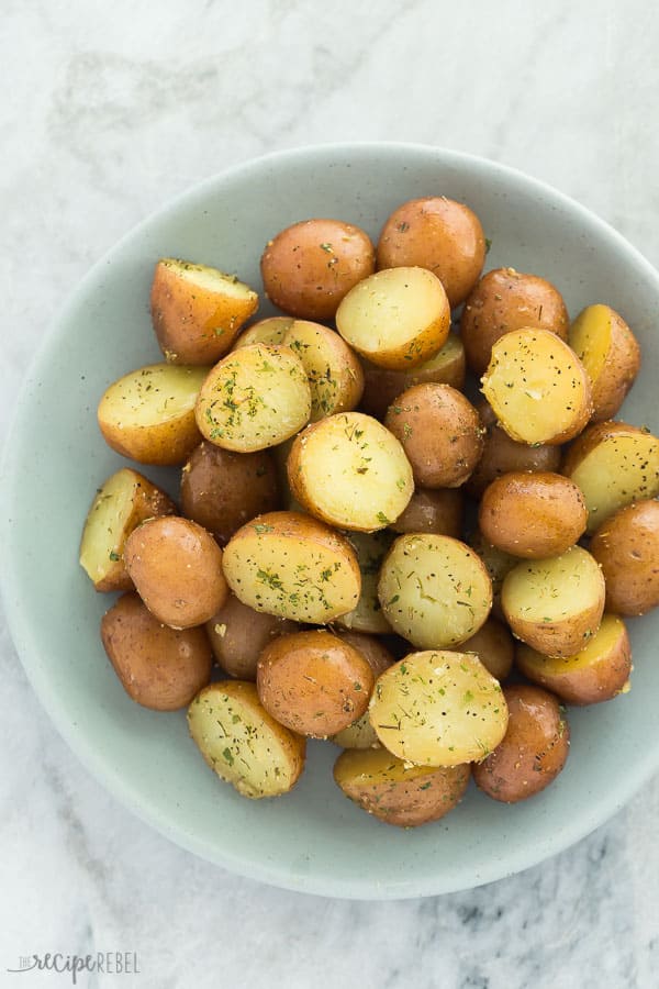 garlic instant pot potatoes overhead on plate on marble background