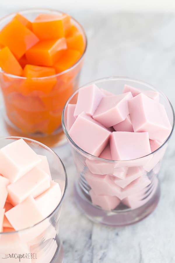 jello jigglers fruit juice gelatin in glasses cut in cubes