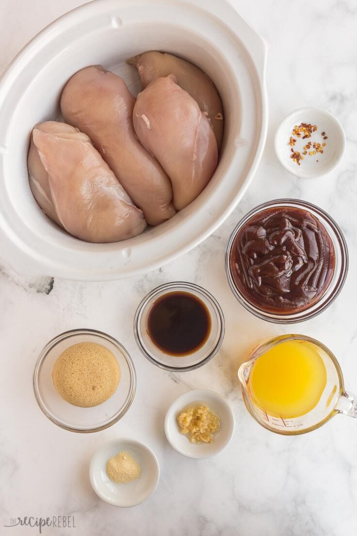 overhead image of ingredients needed for slow cooker bbq chicken