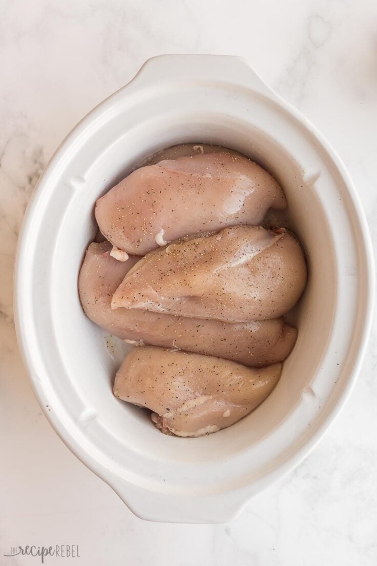 uncooked chicken breasts in white slow cooker