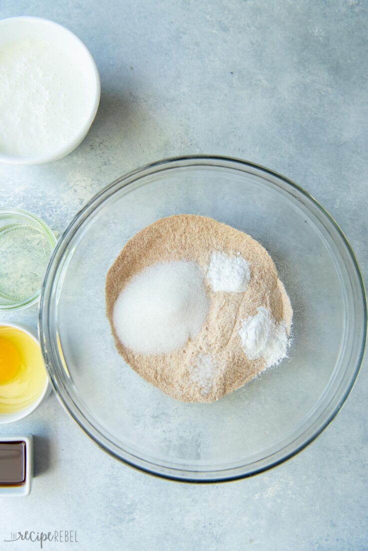 Dry ingredients in bowl ready to mix for pancakes