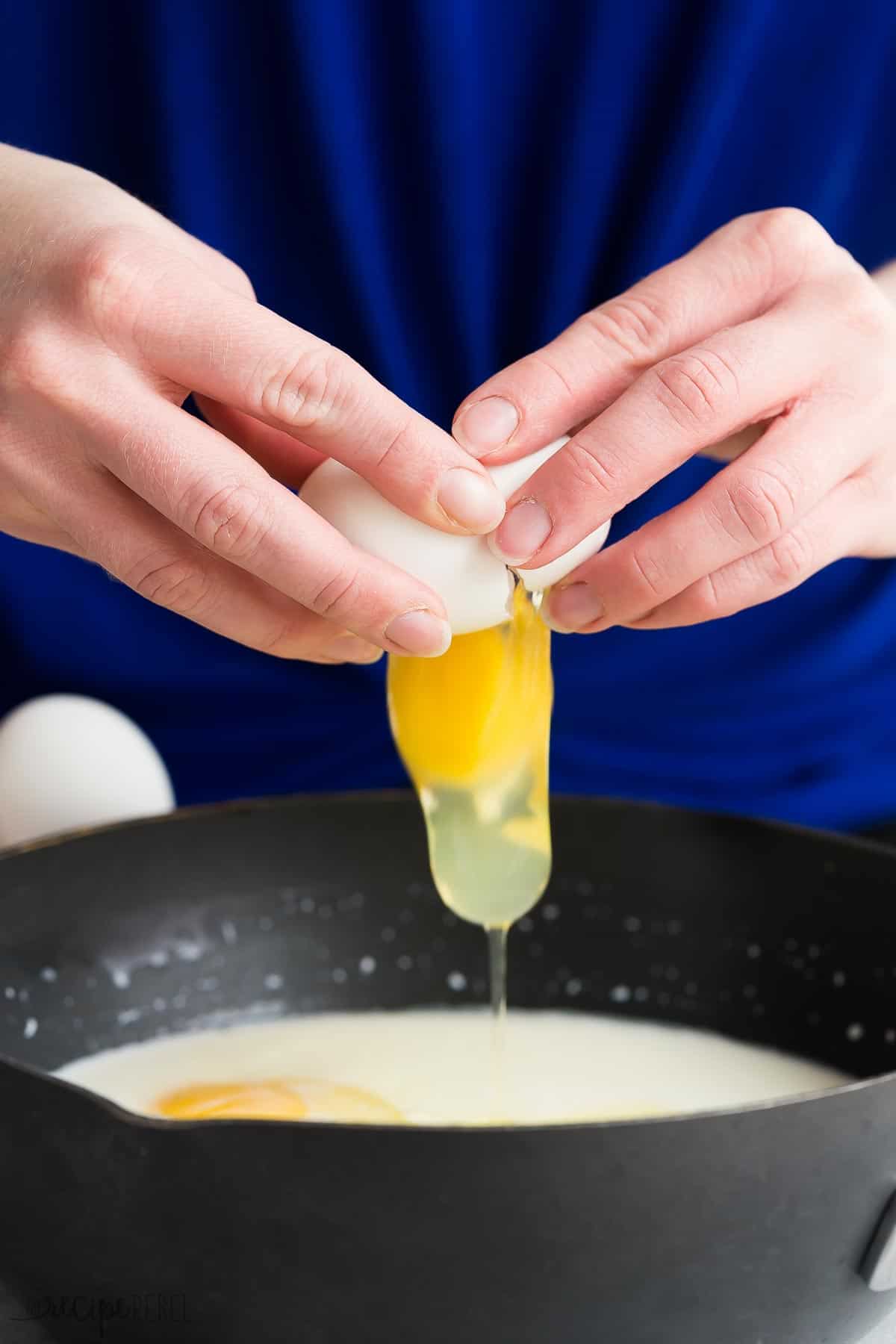 eggs going into banana cream pie filling in pan