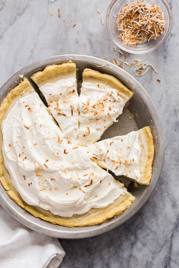coconut cream pie whole sliced