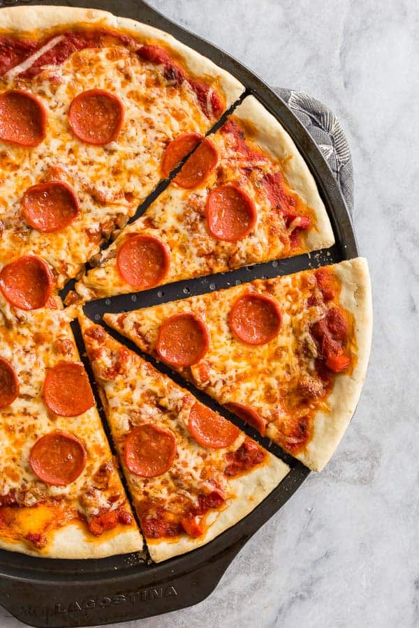 easy pizza dough baked with pepperoni