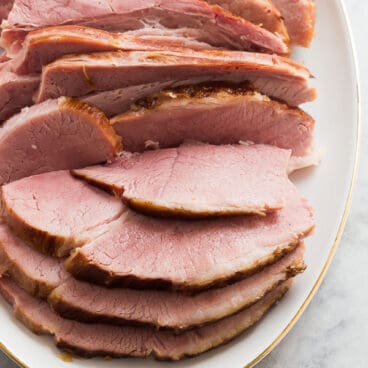 pressure cooker ham on white platter