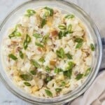 square image of instant pot potato salad in glass bowl.