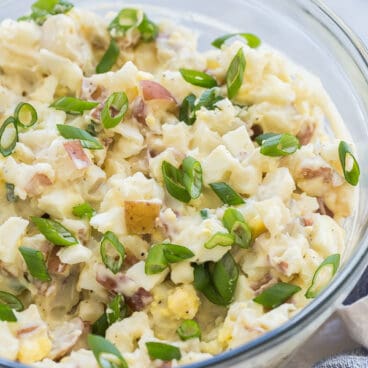 instant pot potato salad close up glass bowl