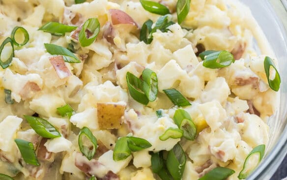 instant pot potato salad close up glass bowl