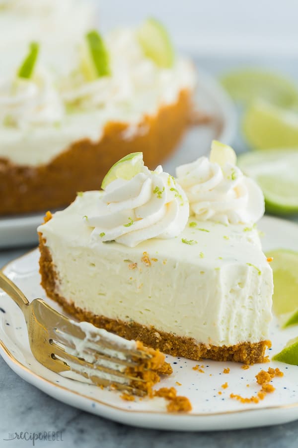 slice of no bake key lime cheesecake on white plate