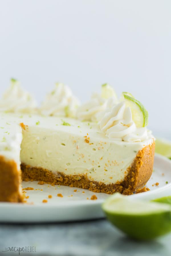 no bake key lime cheesecake on white plate