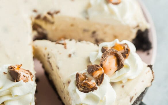 slice of no bake cadbury creme egg cheesecake