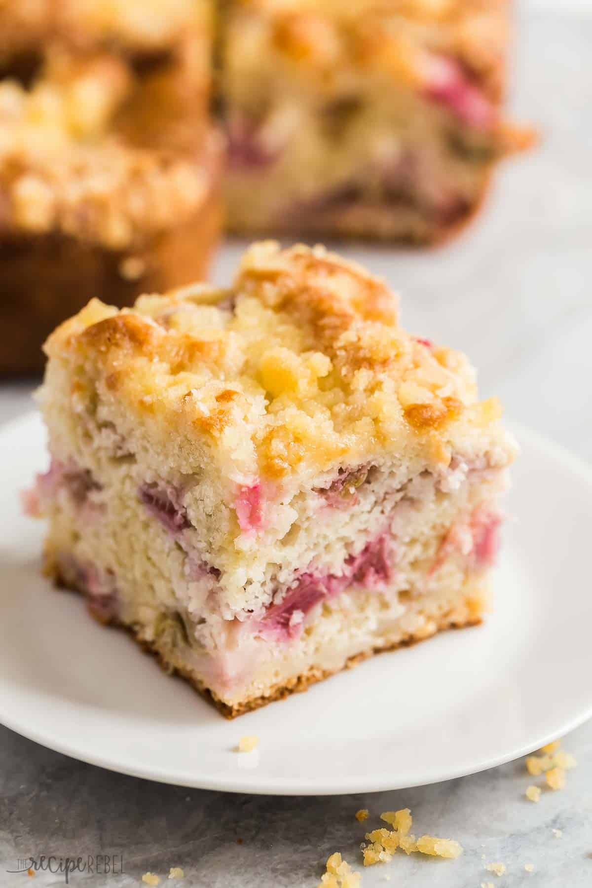 This Rhubarb Cake with Vanilla Sauce is so moist, loaded with rhubarb and topped with a simple streusel. Serve it with warm vanilla sauce for the ultimate Spring or Easter dessert! #rhubarb #cake #dessert | dessert recipes | rhubarb recipes | cake recipes | spring baking | easter baking | baking from scratch | best cake recipes | easy cake recipes piece of rhubarb cake on white plate.