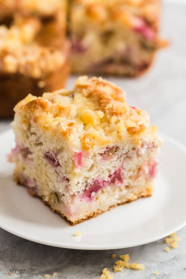 piece of rhubarb cake on white plate