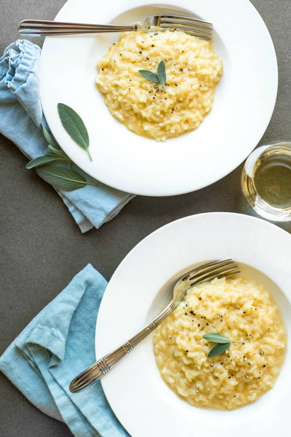 2 bowls of instant pot cheddar risotto with sage