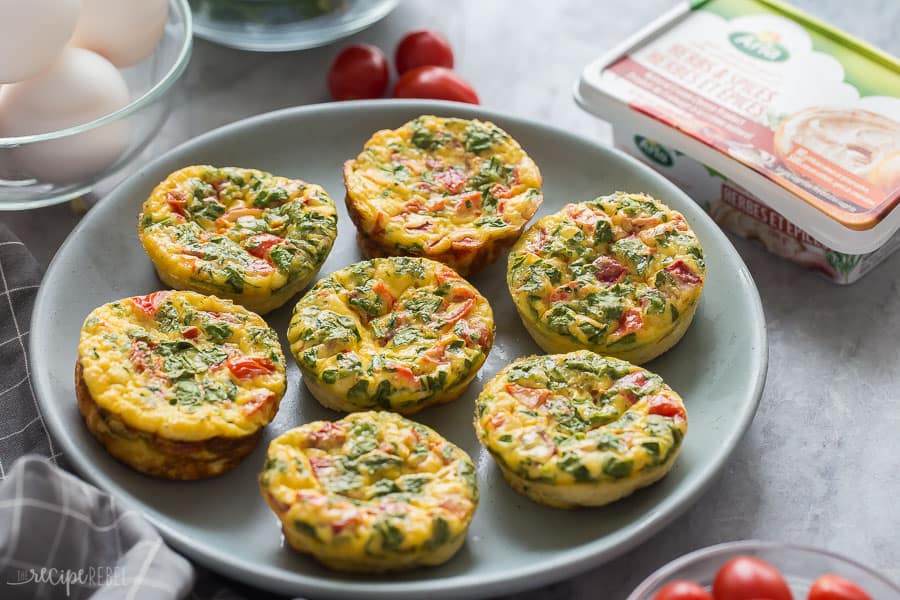 egg muffins mini frittatas on plate with arla cream cheese in the background