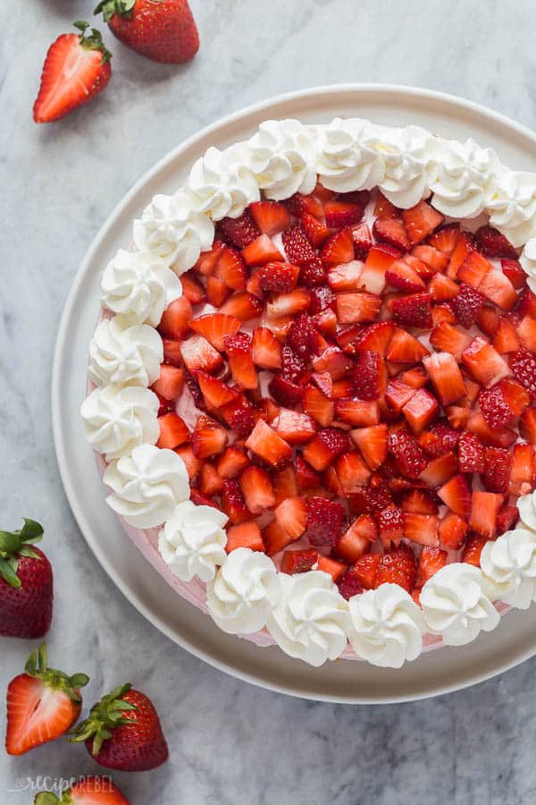 no bake strawberry cheesecake overhead whole
