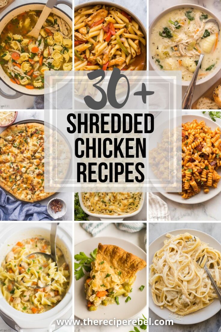 collage image for shredded chicken recipes with nine images and title