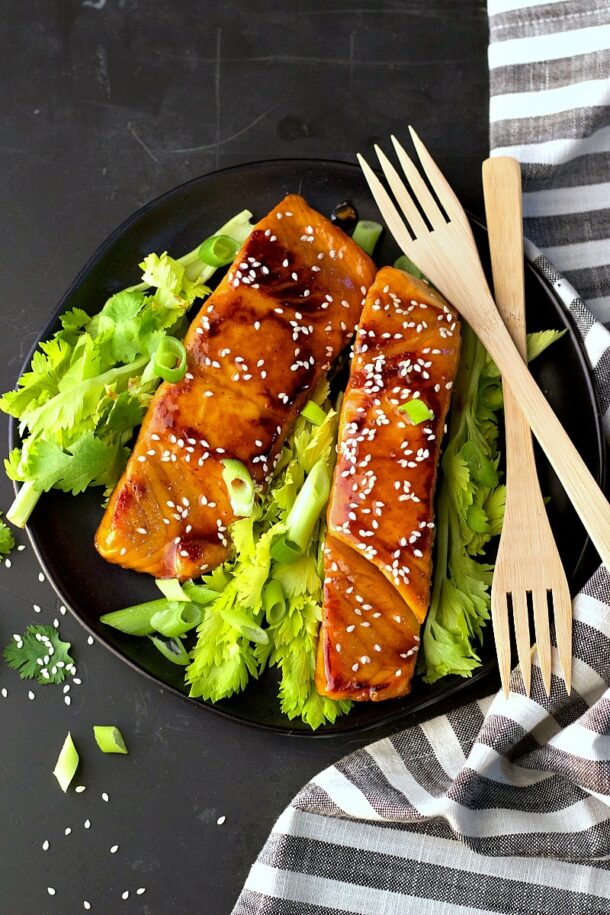 soy free Asian salmon on black plate