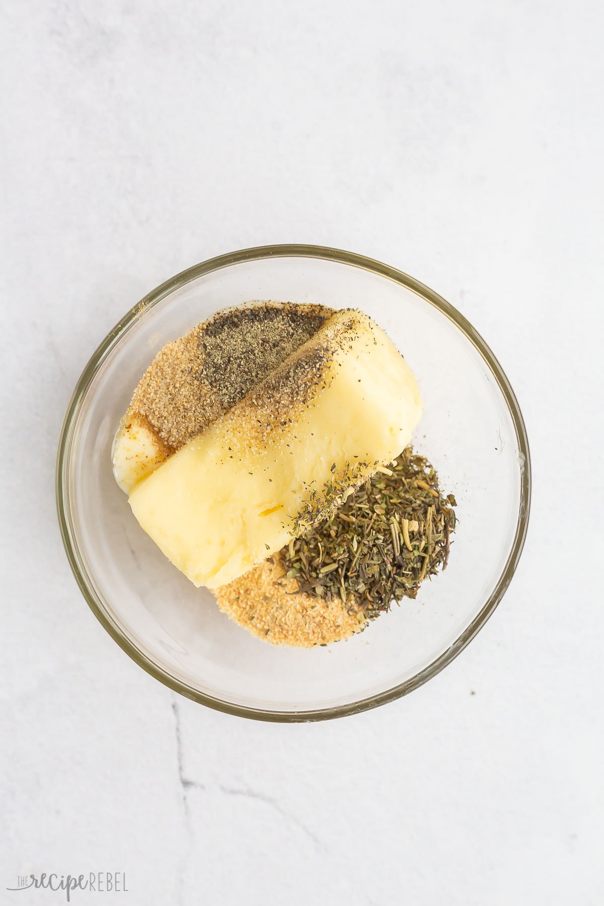 butter and seasonings in small bowl ready to mix.