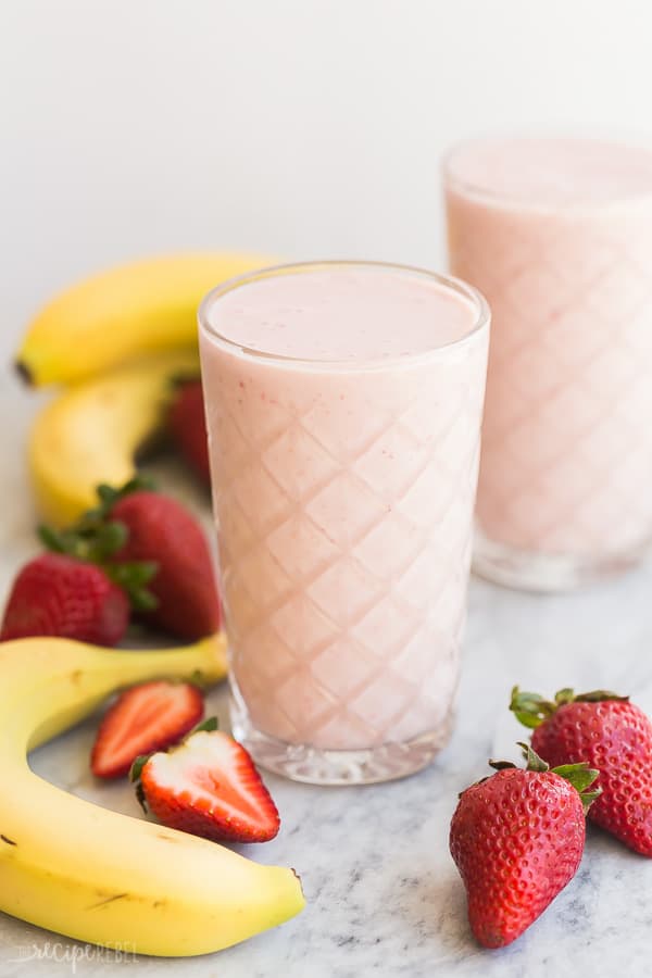 strawberry banana smoothie in clear glass