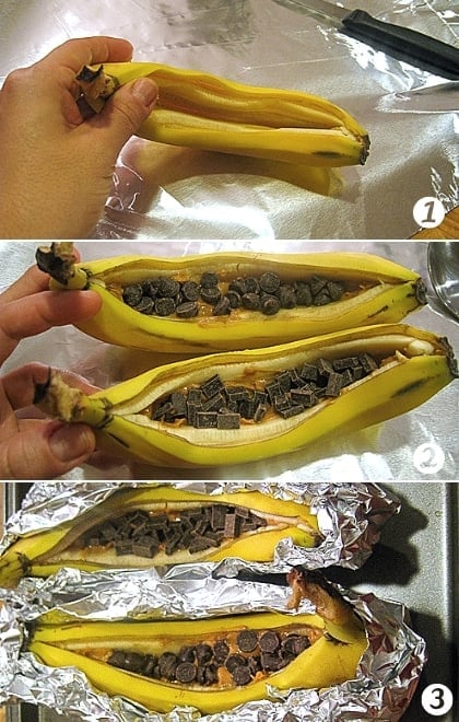 peanut butter banana boats with chocolate chunks in foil