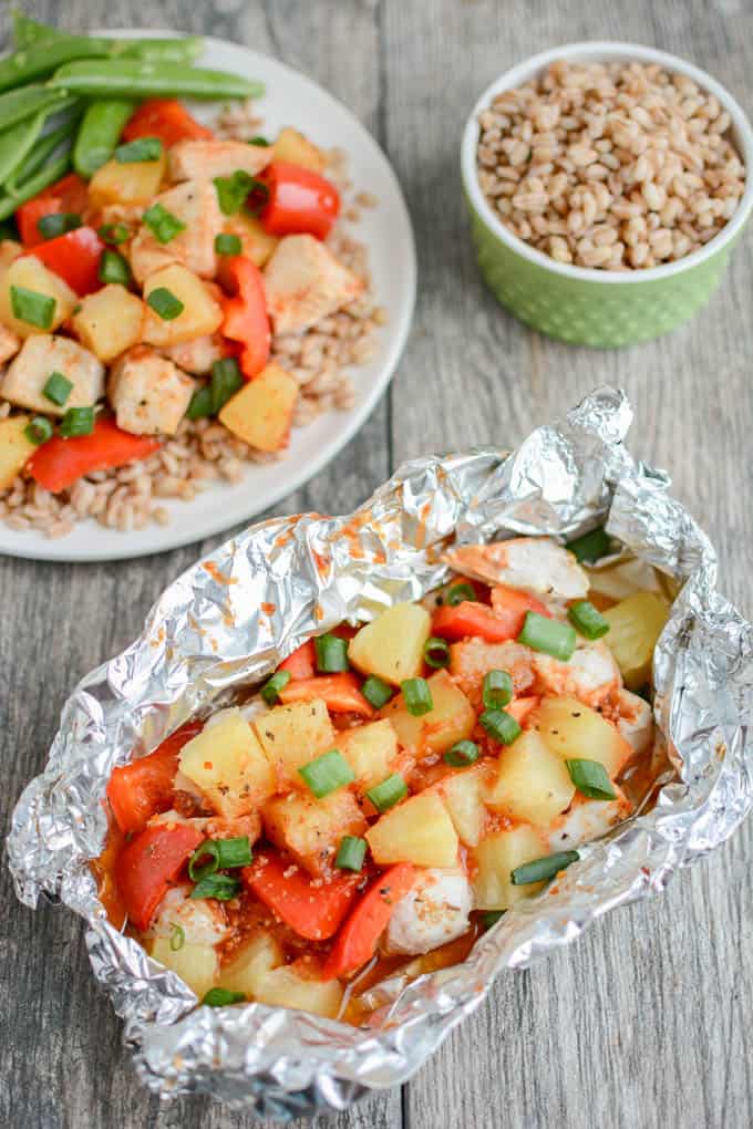 foil packet Hawaiian chicken with pineapple chunks peppers and green onions