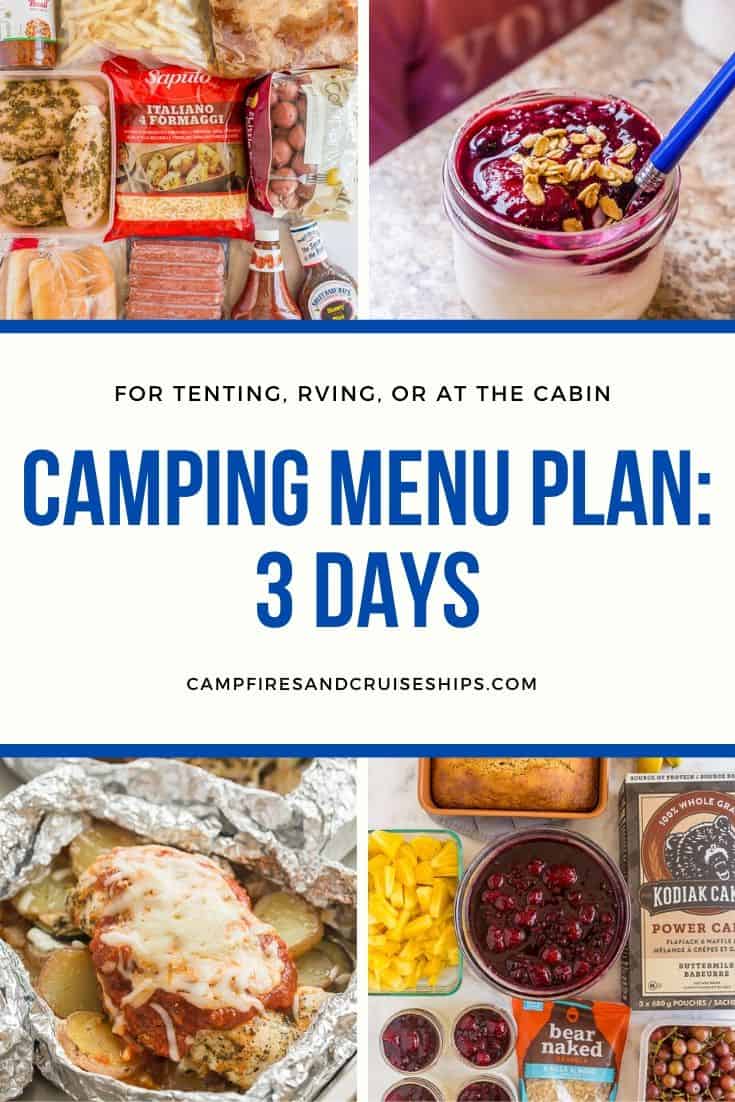 camping menu plan collage with white background and blue text